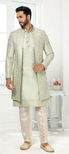 Green color Kurta Pyjama with Jacket in Art Silk fabric with Embroidered, Resham, Thread work : 1846886