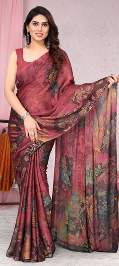 Red and Maroon color Saree in Chiffon fabric with Floral, Printed work