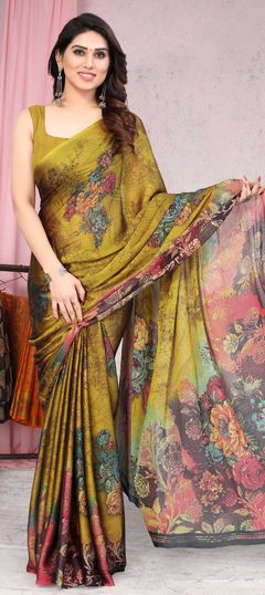 Yellow color Saree in Chiffon fabric with Floral, Printed work