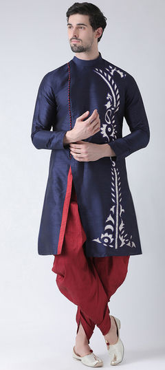 Blue color Dhoti Kurta in Dupion Silk fabric with Embroidered work