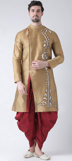 Gold color Dhoti Kurta in Dupion Silk fabric with Embroidered work