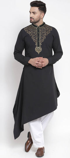 Black and Grey color Kurta Pyjamas in Cotton fabric with Embroidered work