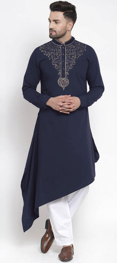 Blue color Kurta Pyjamas in Cotton fabric with Embroidered work