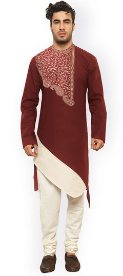 Red and Maroon color Kurta Pyjamas in Blended, Cotton fabric with Embroidered work