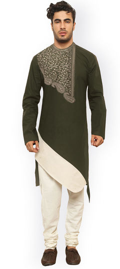 Black and Grey color Kurta Pyjamas in Cotton fabric with Embroidered work