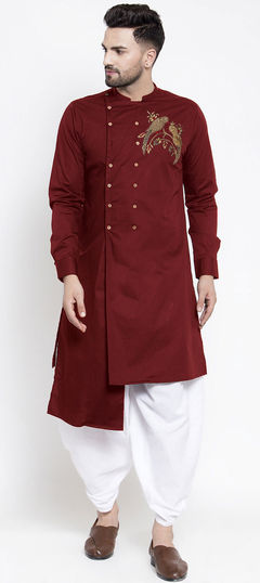 Red and Maroon color Dhoti Kurta in Blended, Cotton fabric with Embroidered work