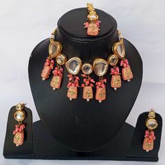 Gold Rodium Polish Pink and Majenta color Necklace in Metal Alloy studded with Kundan