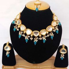 Gold Rodium Polish Blue color Necklace in Metal Alloy studded with Kundan