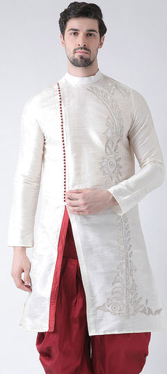 White and Off White color Kurta in Dupion Silk fabric with Embroidered work