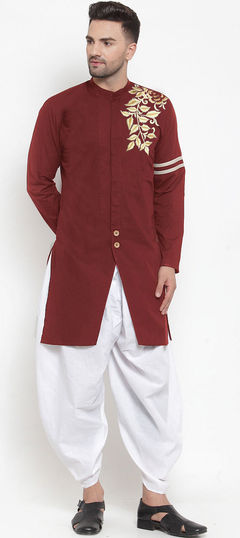 Red and Maroon color IndoWestern Dress in Blended, Cotton fabric with Embroidered work