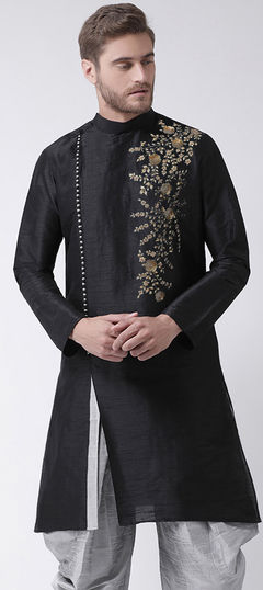 Black and Grey color Kurta in Dupion Silk fabric with Embroidered work