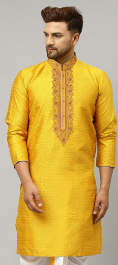 Yellow color Kurta in Dupion Silk fabric with Embroidered work