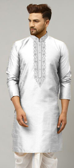 Black and Grey color Kurta in Dupion Silk fabric with Embroidered work