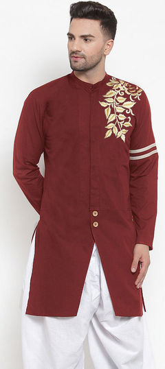 Red and Maroon color Kurta in Blended, Cotton fabric with Embroidered work