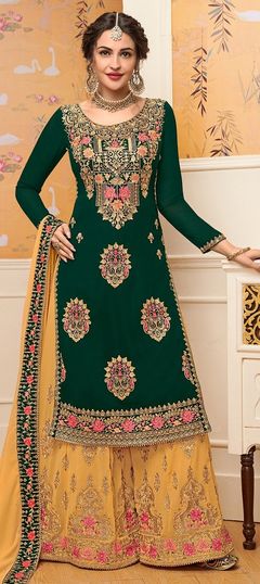 Mehendi Sangeet, Reception, Wedding Green color Salwar Kameez in Georgette fabric with Palazzo Embroidered, Zari work : 1847622