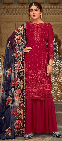 Mehendi Sangeet, Reception, Wedding Red and Maroon color Salwar Kameez in Georgette fabric with Palazzo Embroidered, Zari work : 1847625