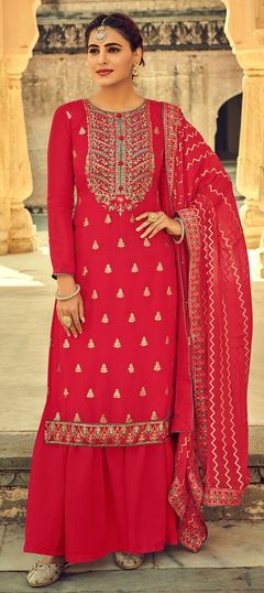 Mehendi Sangeet, Reception, Wedding Red and Maroon color Salwar Kameez in Crepe Silk fabric with Palazzo Embroidered, Zari work : 1847626