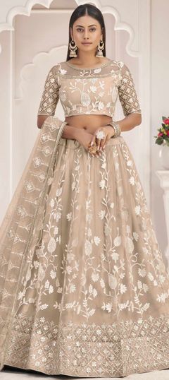 Festive, Party Wear Beige and Brown color Lehenga in Net fabric with Flared Embroidered, Sequence, Thread work : 1847647