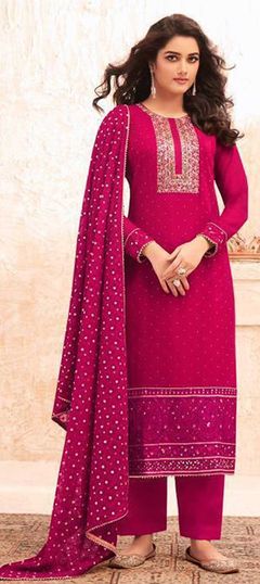 Pink and Majenta color Salwar Kameez in Georgette fabric with Embroidered, Zari work