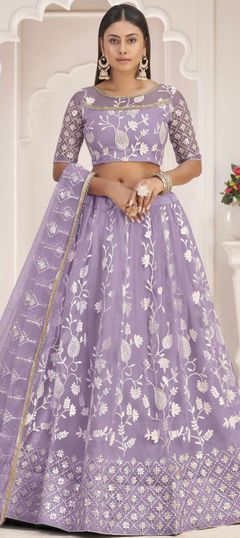 Festive, Party Wear Purple and Violet color Lehenga in Net fabric with Flared Embroidered, Sequence, Thread work : 1847653