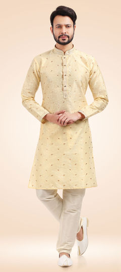 Beige and Brown color Kurta Pyjamas in Jacquard fabric with Weaving work