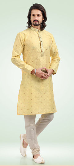 Yellow color Kurta Pyjamas in Jacquard fabric with Weaving work