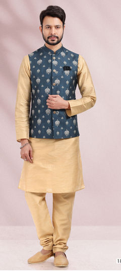 Gold color Kurta Pyjama with Jacket in Art Silk fabric with Weaving work