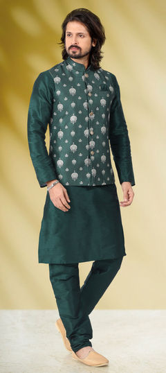 Green color Kurta Pyjama with Jacket in Art Silk fabric with Weaving work