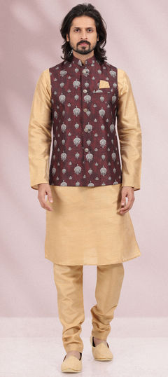 Gold color Kurta Pyjama with Jacket in Art Silk fabric with Weaving work