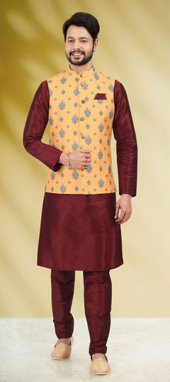 Red and Maroon color Kurta Pyjama with Jacket in Art Silk fabric with Weaving work