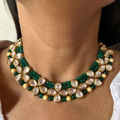 Gold Rodium Polish Green color Necklace in Metal Alloy studded with Beads, Kundan