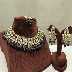 Gold Rodium Polish Pink and Majenta color Necklace in Metal Alloy studded with Beads, Kundan