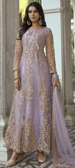 Purple and Violet color Salwar Kameez in Net fabric with Border, Embroidered, Stone, Thread, Zari work