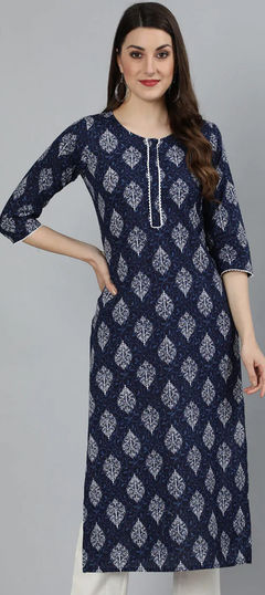 Blue color Kurti in Cotton fabric with Printed work