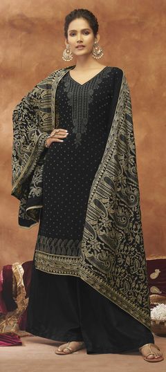 Black and Grey color Salwar Kameez in Georgette fabric with Embroidered, Swarovski, Zari work