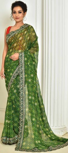 Green color Saree in Georgette fabric with Bandhej, Printed, Sequence, Zari work