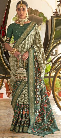 Traditional, Wedding Beige and Brown, Green color Saree in Patola Silk, Silk fabric with South Mirror, Stone work : 1848528