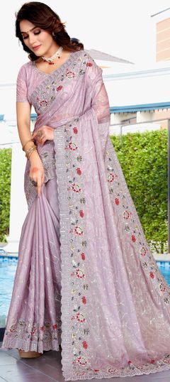 Traditional, Wedding Purple and Violet color Saree in Crepe Silk, Silk fabric with South Embroidered, Resham, Sequence, Thread work : 1848534