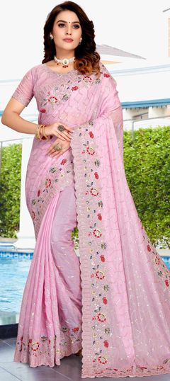 Traditional, Wedding Pink and Majenta color Saree in Crepe Silk, Silk fabric with South Embroidered, Resham, Sequence, Thread work : 1848551