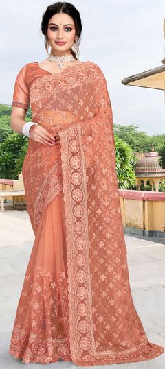 Pink and Majenta color Saree in Net fabric with Sequence work