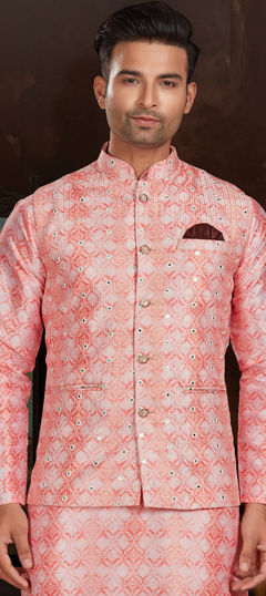 Pink and Majenta color Nehru Jacket in Art Silk fabric with Mirror, Sequence, Thread work