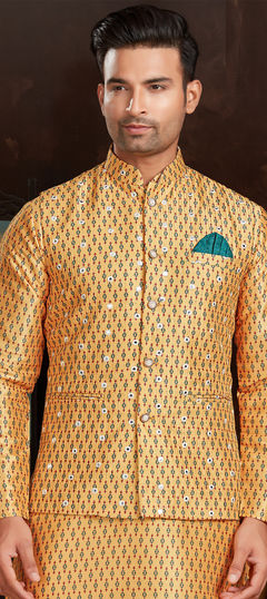 Yellow color Nehru Jacket in Art Silk fabric with Mirror, Sequence, Thread work