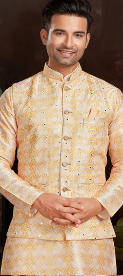 Yellow color Nehru Jacket in Art Silk fabric with Mirror, Sequence, Thread work