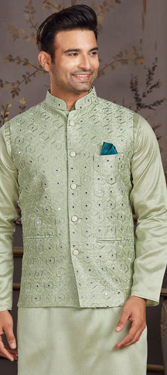 Green color Nehru Jacket in Art Silk fabric with Mirror, Thread work : 1848752