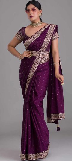 Mehendi Sangeet, Party Wear, Traditional Purple and Violet color Saree in Art Silk fabric with Classic Stone, Zari work : 1848782