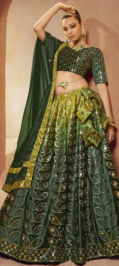 Green color Lehenga in Velvet fabric with Embroidered, Mirror, Sequence work