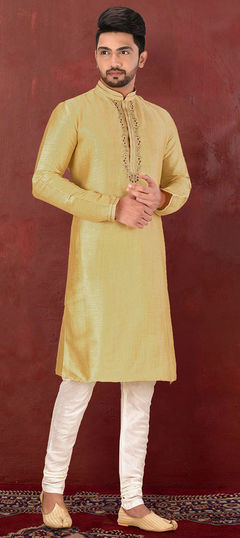 Beige and Brown color Kurta Pyjamas in Mulberry Silk fabric with Resham, Thread, Zardozi work