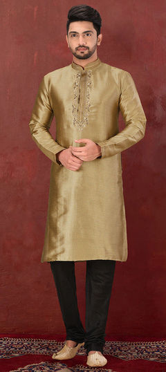 Beige and Brown color Kurta Pyjamas in Mulberry Silk fabric with Resham, Thread, Zardozi work