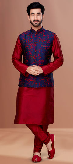 Red and Maroon color Kurta Pyjama with Jacket in Dupion Silk fabric with Weaving work