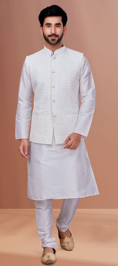 White and Off White color Kurta Pyjama with Jacket in Dupion Silk fabric with Embroidered, Thread work